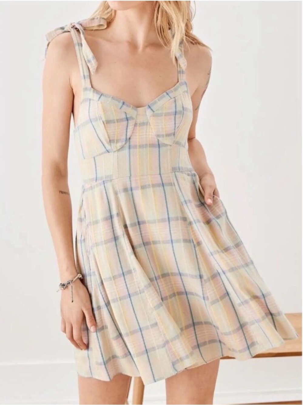 Plaid Tie-Shoulder Sundress in Pastel Yellow and Blue